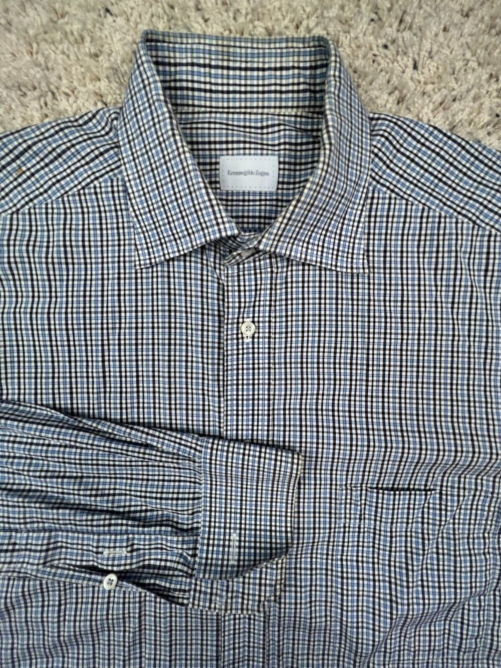Ermenegildo Zegna Button Up Shirt Mens 42 16.5 Blue Check Long Sleeve Preppy